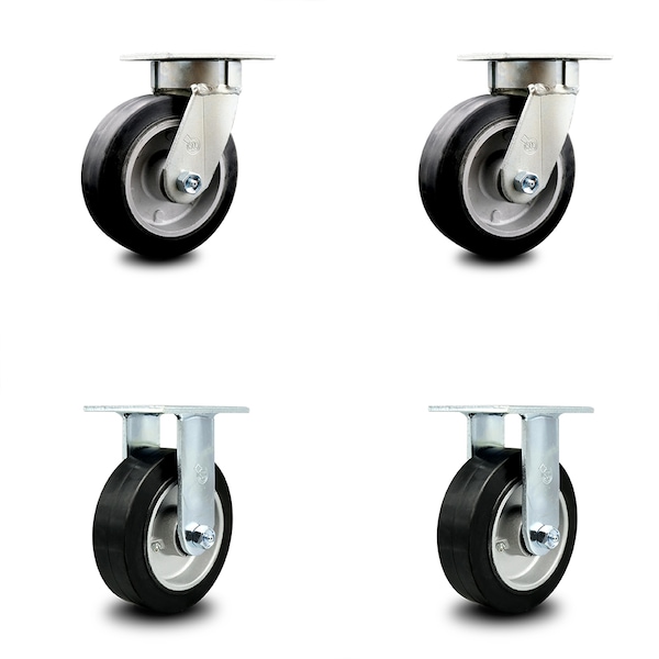 6 Inch Kingpinless Rubber on Aluminum Wheel Swivel Caster Swivel 2 Rigid, 2PK